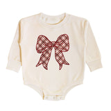 Christmas Plaid Bow Patch Long Sleeve Romper - Natural
