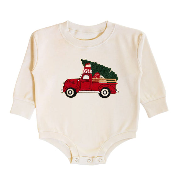 Christmas Truck Patch Long Sleeve Romper - Natural