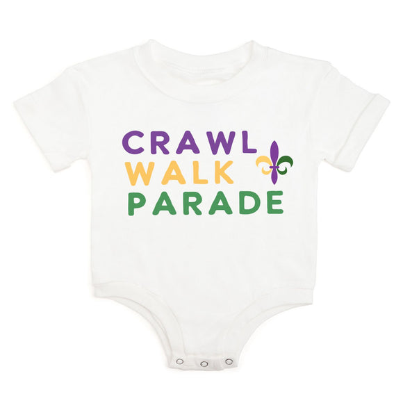 Crawl Walk Parade Mardi Gras Short Sleeve Romper - White