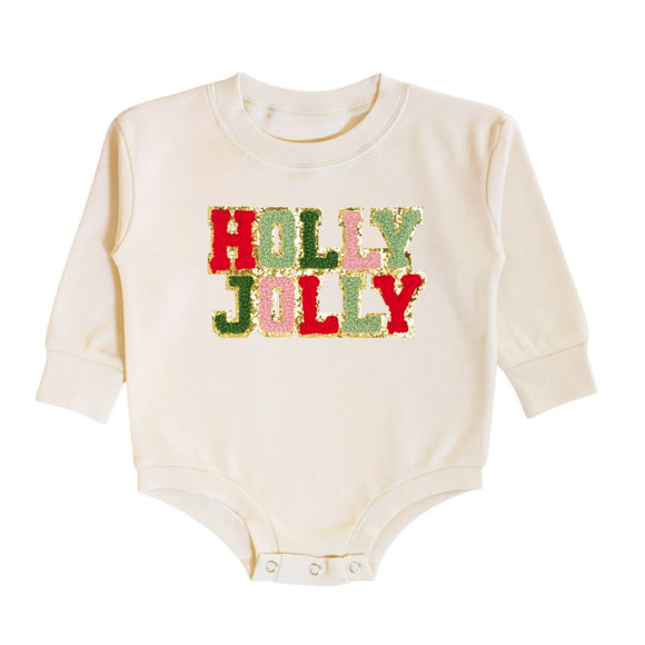 Holly Jolly Patch Christmas Long Sleeve Romper - Natural