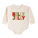 Holly Jolly Patch Christmas Long Sleeve Romper - Natural
