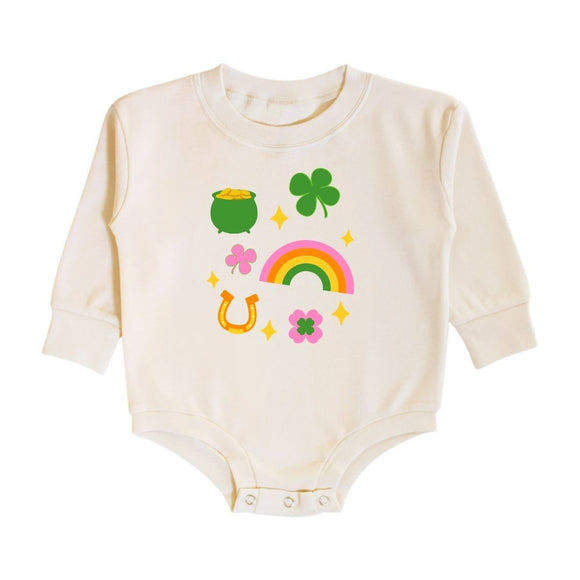 Lucky Doodle St. Patrick's Day Long Sleeve Romper - Natural