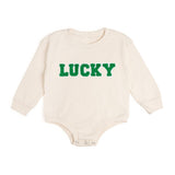 Lucky Varsity Patch St. Patrick's Day Long Sleeve Romper - Natural