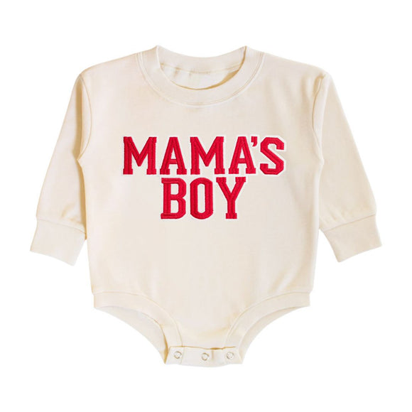 Mama's Boy Varsity Patch Valentine's Day Long Sleeve Romper - Natural