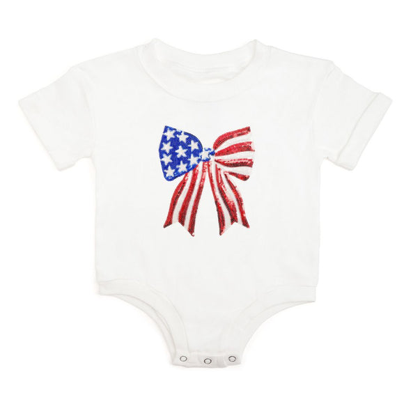 Patriotic Sequin Bow Patch Short Sleeve Romper - White