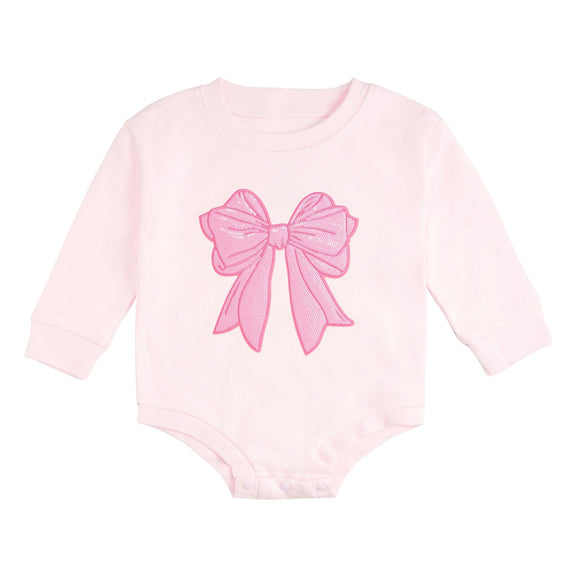 Pink Bow Sequin Patch Long Sleeve Romper - Ballet