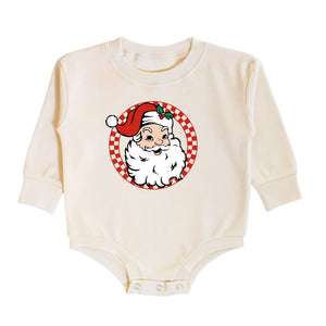 Retro Santa Christmas Long Sleeve Romper - Natural