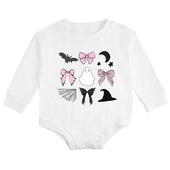Spooky Coquette Halloween Long Sleeve Romper - White