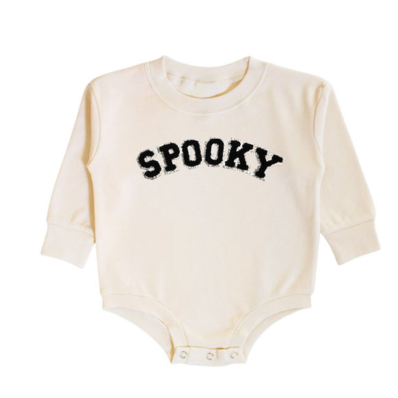 Spooky Patch Black Halloween Long Sleeve Romper - Natural