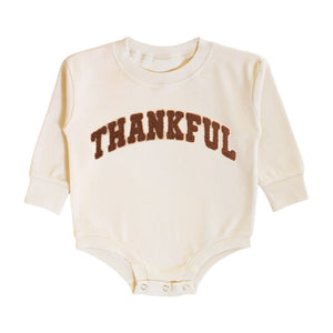 Thankful Patch Varsity Thanksgiving Long Sleeve Romper - Natural