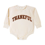 Thankful Patch Varsity Thanksgiving Long Sleeve Romper - Natural