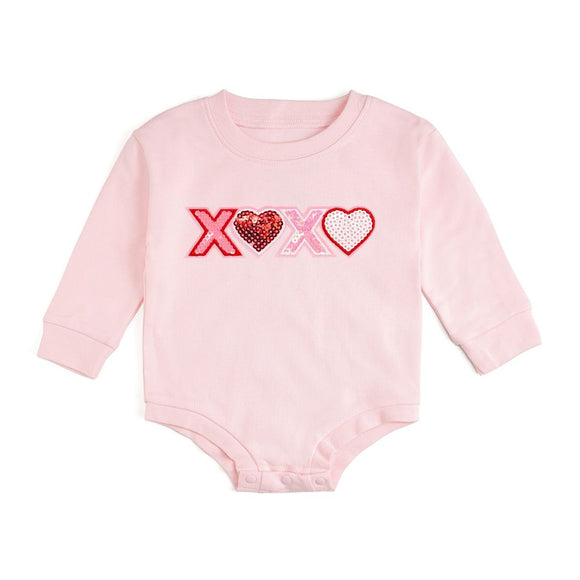 XOXO Sequin Patch Valentine's Day Long Sleeve Romper - Ballet