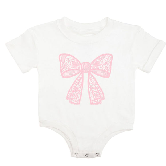 Lace Bow Puff Ink Short Sleeve Romper - White