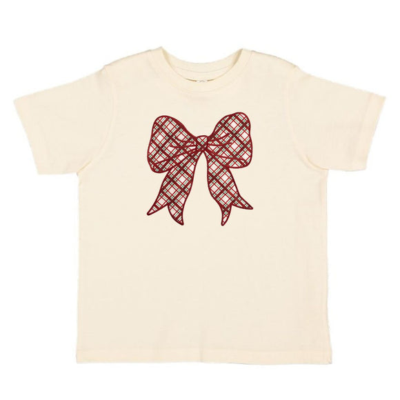Christmas Plaid Bow Patch Short Sleeve T-Shirt - Natural