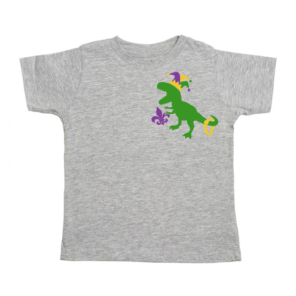 Mardi Gras Party Dino Short Sleeve T-Shirt - Gray