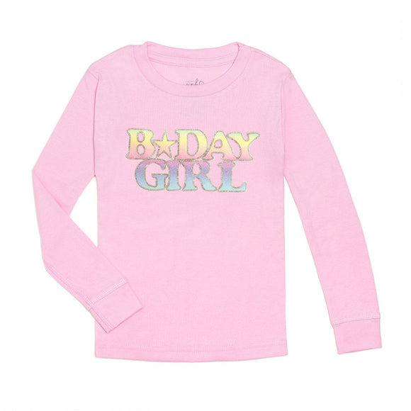 Pastel Rainbow BDay Girl Patch Long Sleeve Shirt - Pink