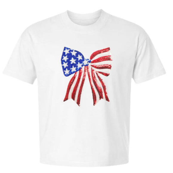 Patriotic Sequin Bow Patch Adult Short Sleeve T-Shirt - White
