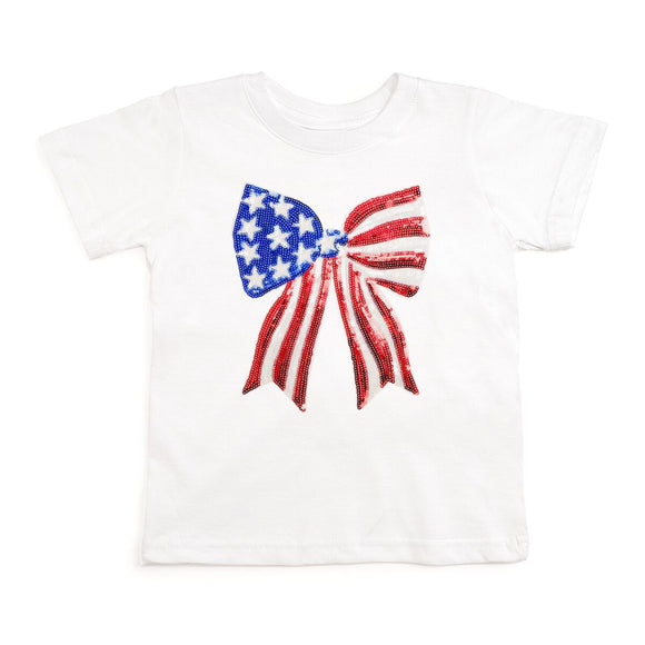 Patriotic Sequin Bow Patch Short Sleeve T-Shirt - White