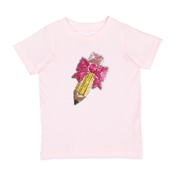 Pencil Bow Sequin Patch Short Sleeve T-Shirt - Ballet