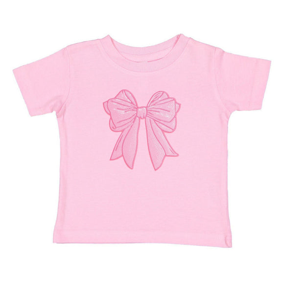 Pink Bow Sequin Patch Short Sleeve T-Shirt - Pink