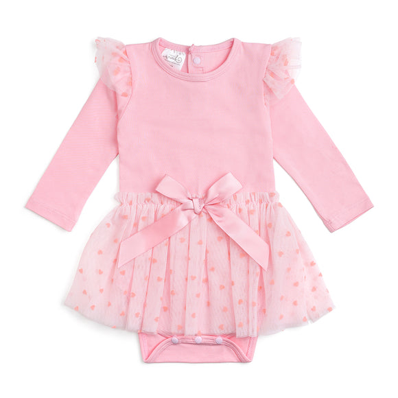 Flocked Heart Valentine's Day Tiered Long Sleeve Tutu Bodysuit
