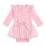 Flocked Heart Valentine's Day Tiered Long Sleeve Tutu Bodysuit