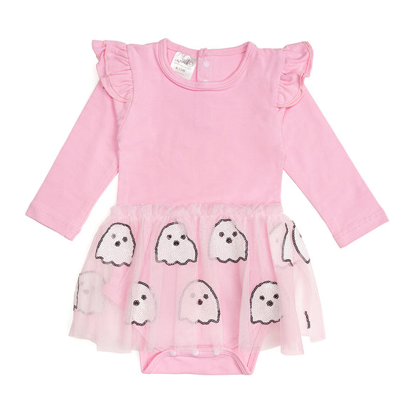Ghost Sequin Halloween Long Sleeve Tutu Bodysuit